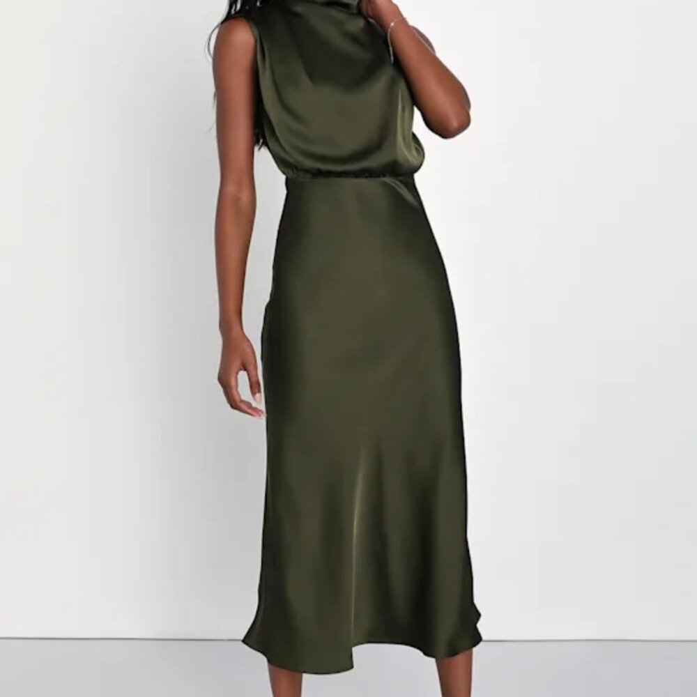 Distinctive Charm Olive Green Satin Asymmetrical Midi Dress